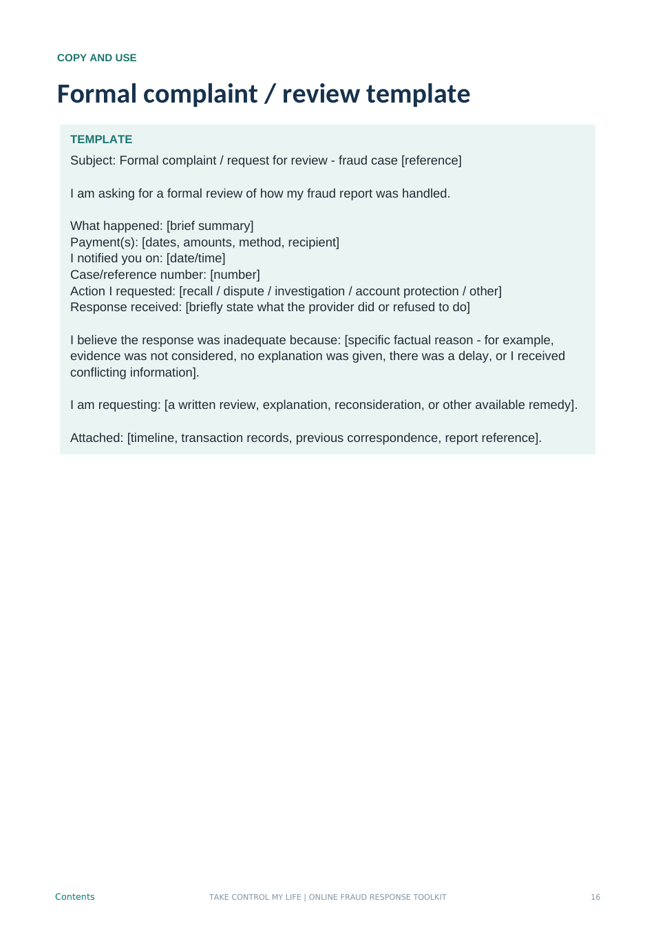 Complaint template from the guide