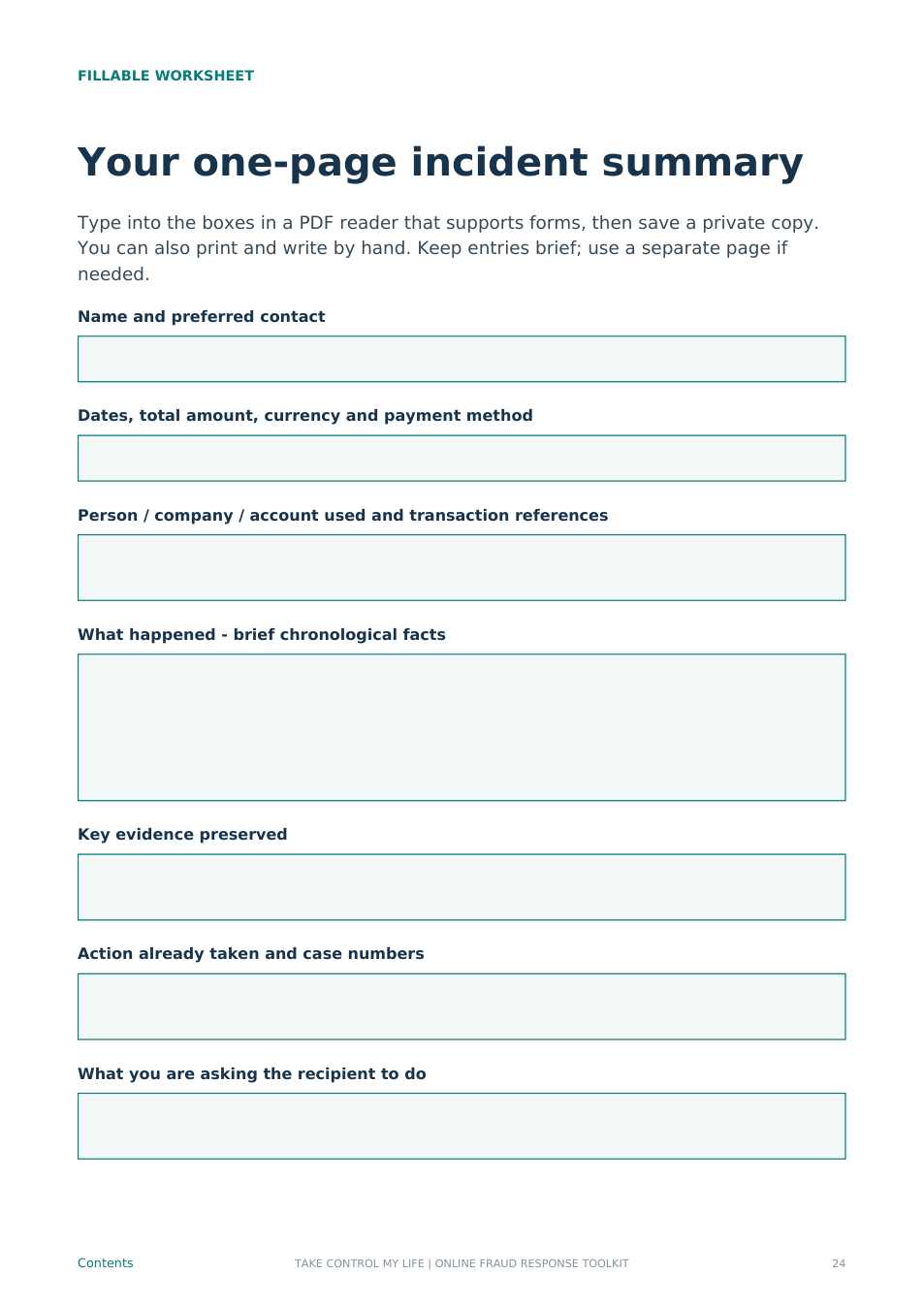 Fillable incident summary from the guide